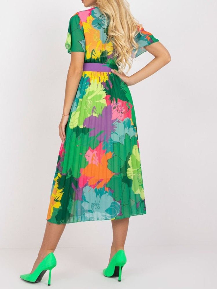 Print Mid-Calf Kortermet Pullover Høy Midje Casual Dress