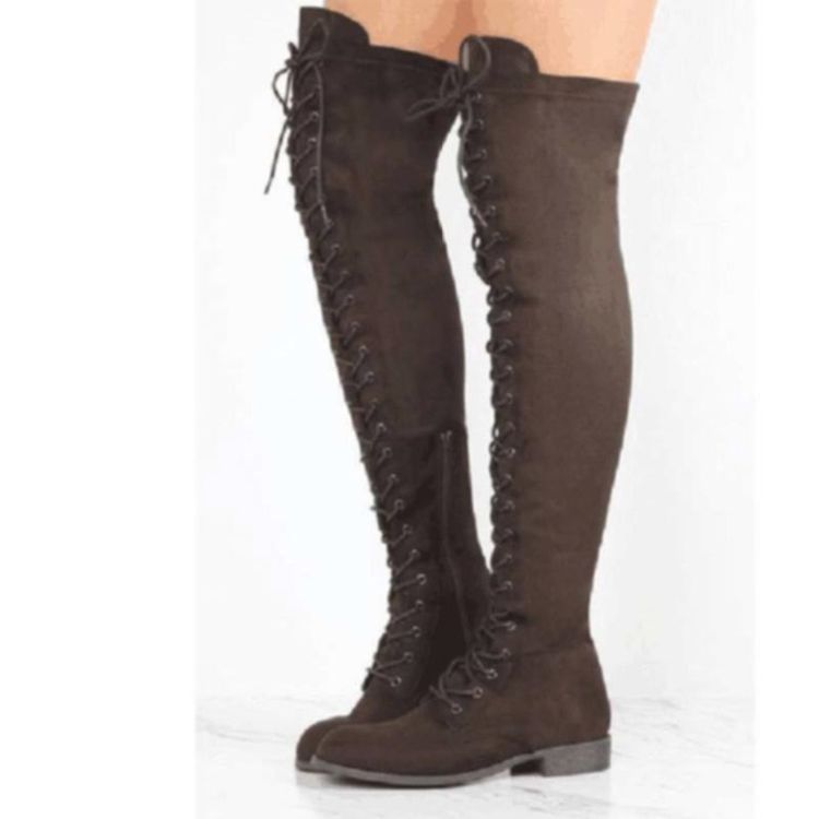 Block Heel Cross Strap Knehøye Støvler For Kvinner