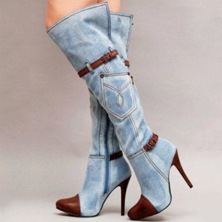 Denim Patchwork Støvler Med Stiletthæl Og Knehøye