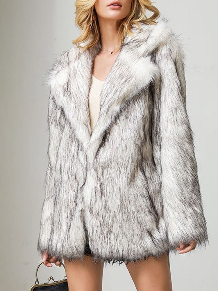Lapel Mid-Length Vanlig Vinter Løs Faux Fur Overcoat