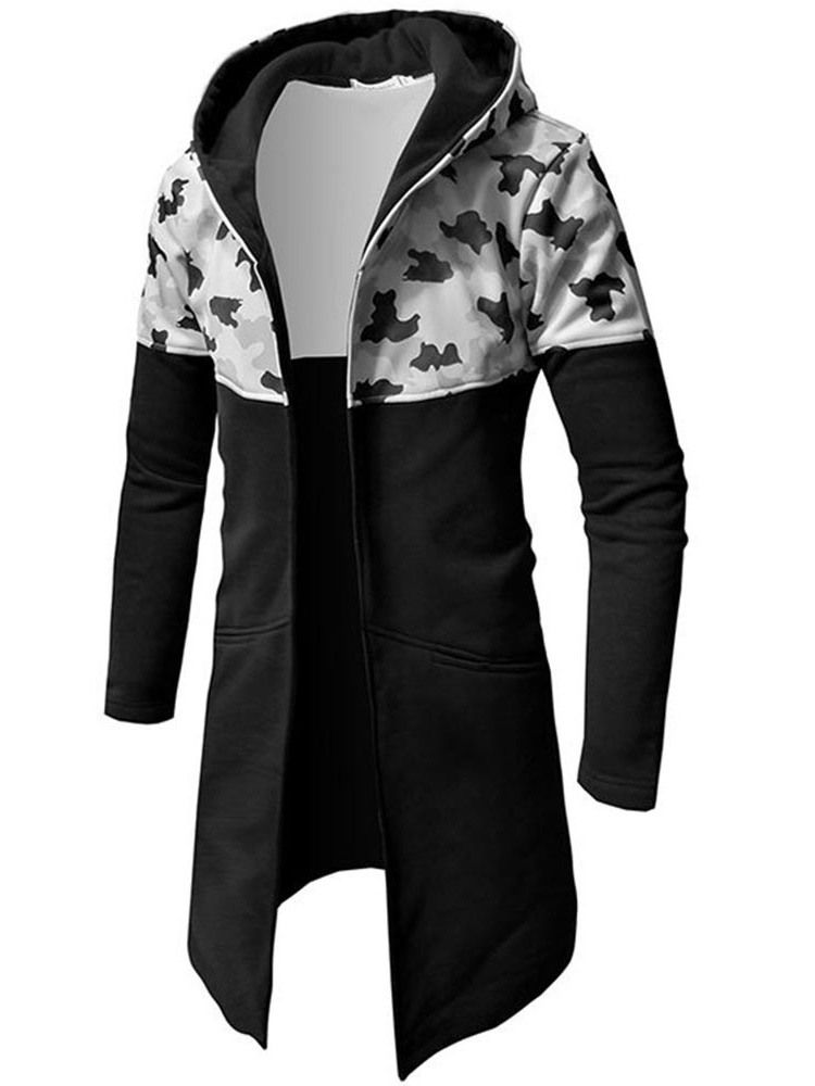 Camouflage Patchwork Slank Mellomlang Hette Trench Frakk For Menn