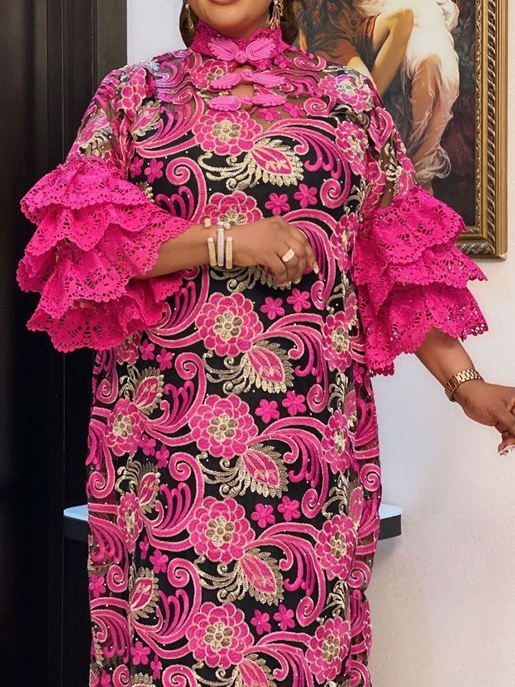 Gulvlang Turtleneck Broderi Pullover Floral Maxi Dress