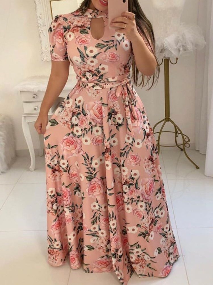 Kortermet Turtleneck Print Expansion Floral Maxi Dress