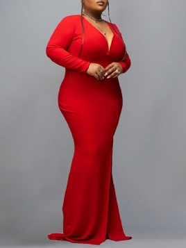 Plus Size Split Langermet Gulvlengde Vanlig Høy Midje Plus Size Kjole