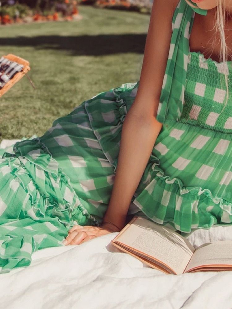 Sundress Square Neck Ankel-Lengde Ermeløs Utvidelse Color Block Maxi Dress