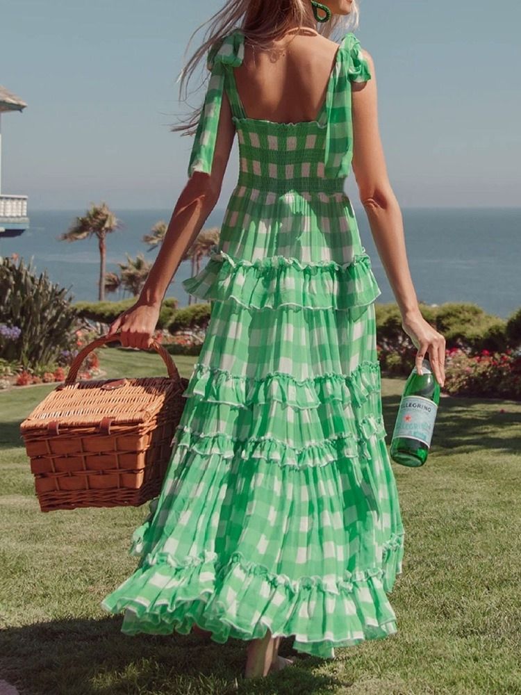 Sundress Square Neck Ankel-Lengde Ermeløs Utvidelse Color Block Maxi Dress