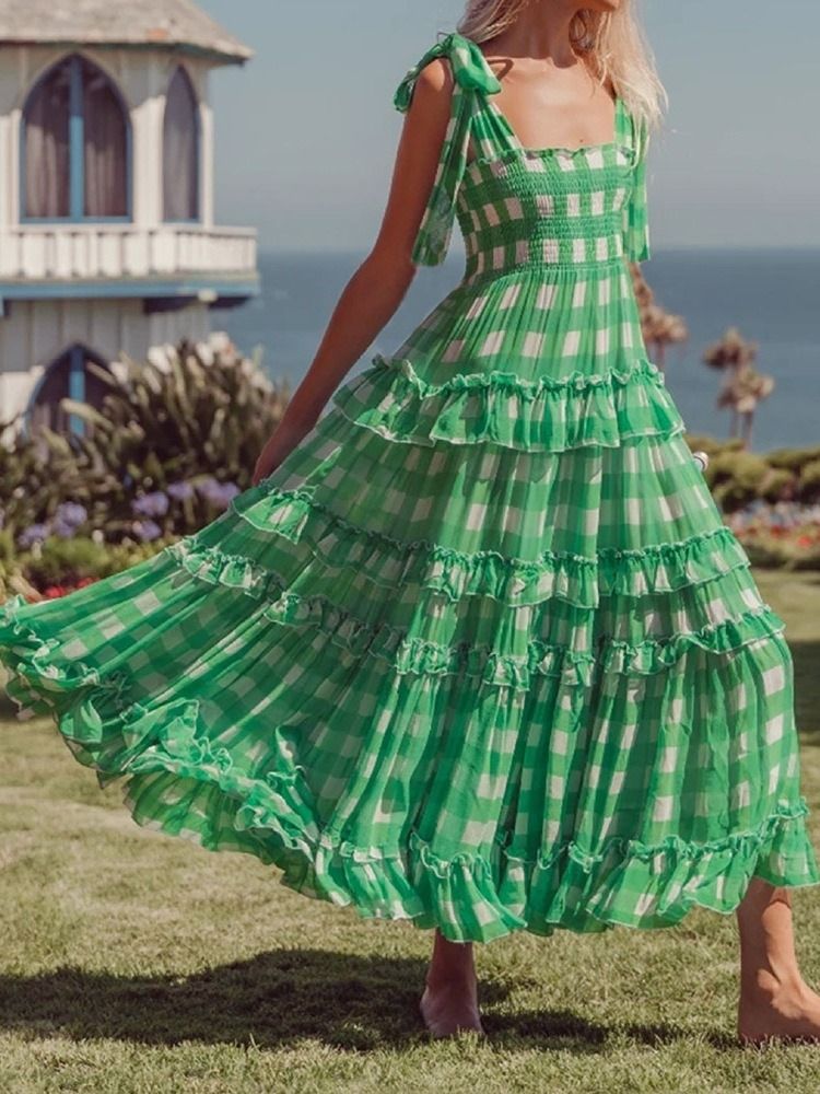 Sundress Square Neck Ankel-Lengde Ermeløs Utvidelse Color Block Maxi Dress