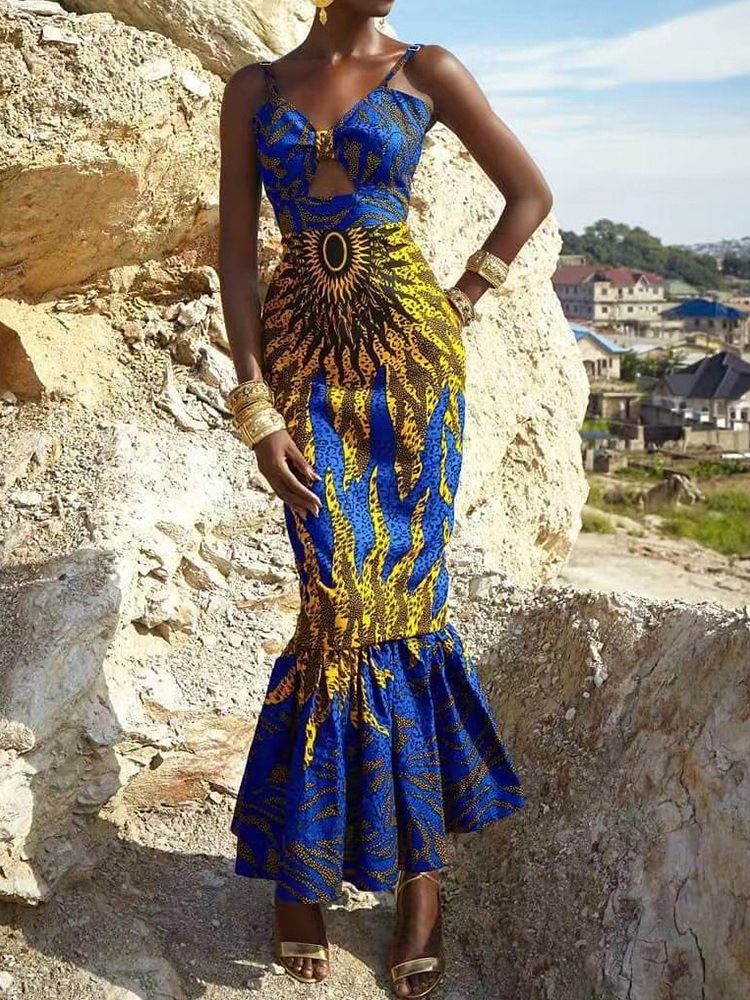 V-Hals Gulvlengde Trykk Fest Cocktail Spaghetti Strap Dress